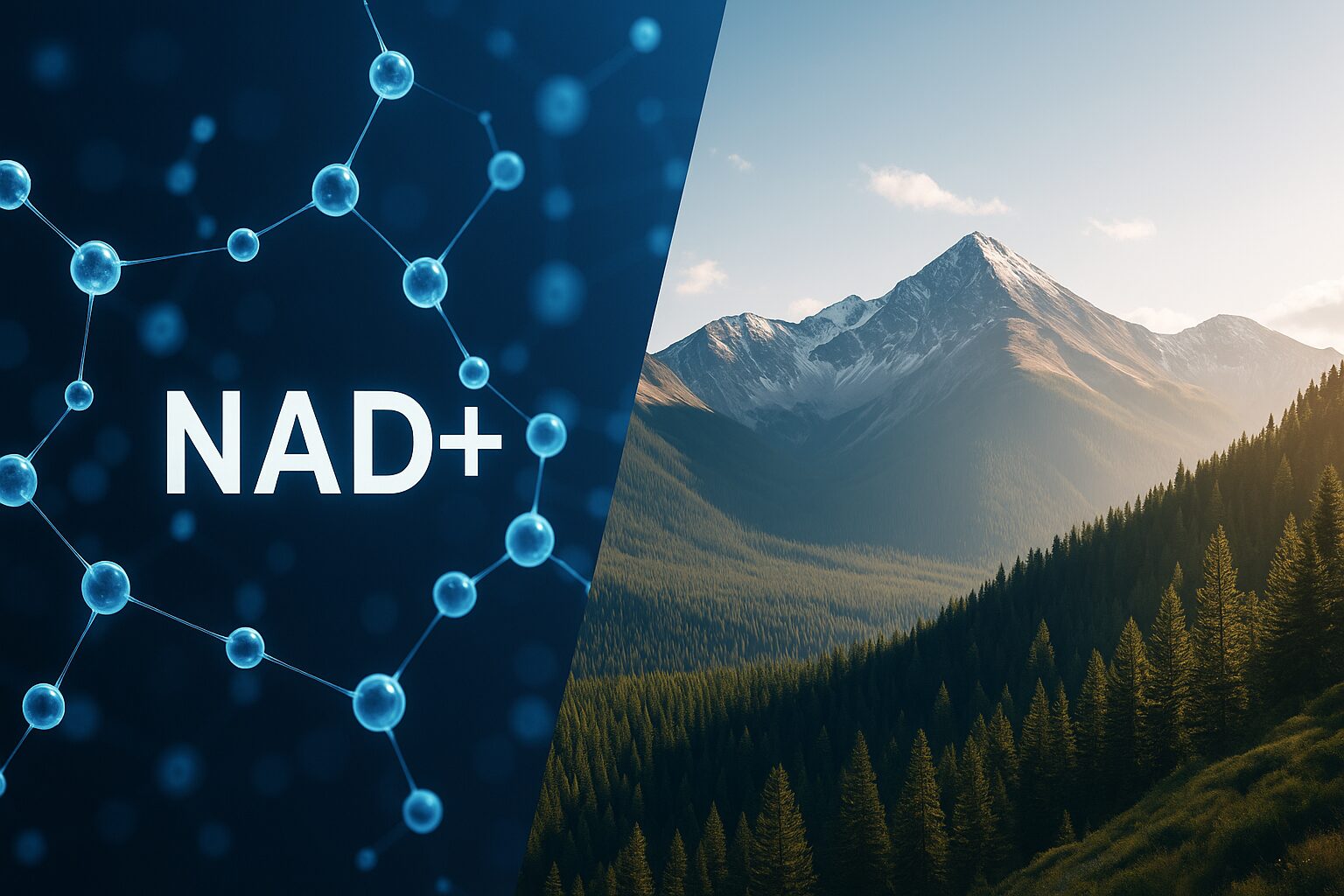 NAD+ molecular graphic beside mountain landscape