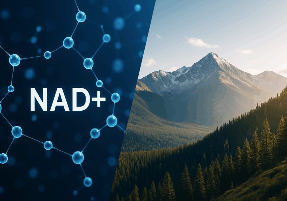 NAD+ molecular graphic beside mountain landscape